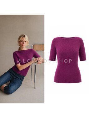 Sweater | Ann Taylor Plum Angora Blend Short Sleeve Fitted Boatneck | M Feminine